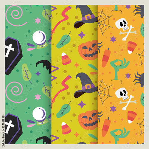 Halloween vector cartoon seamless pattern. Background for wallpaper, wrapping, packing, and backdrop. Halloween background with ghosts, skulls, bones, bats, pumpkins, spiders and maple leaves.