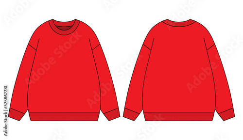 Blank Red Long Sleeve Sweater Template on White Background. Front and Back View, Vector File.