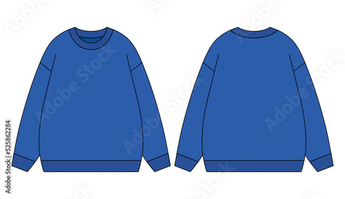 Blank Blue Long Sleeve Sweater Template on White Background. Front and Back Views, Vector File.