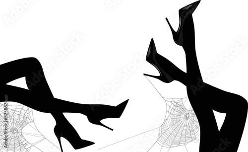 sexy female legs wearing high heels and spider web silhouette - halloween style party black and white vector copy space design elements