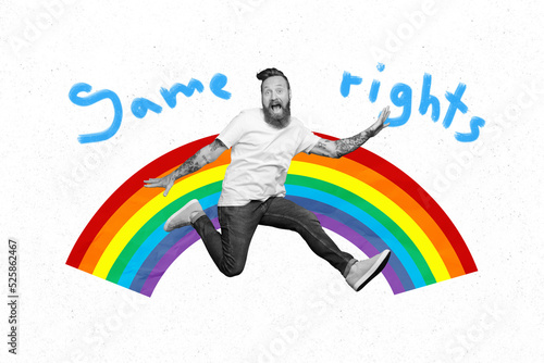 Banner collage of guy jump rainbow black and white isolated on painting color background