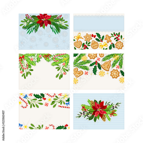 Merry Christmas cards set. Party invitation, banner, winter holiday greeting card with green fir tree branches, gingerbreads, poinsettia flowers and place for text vector illustration