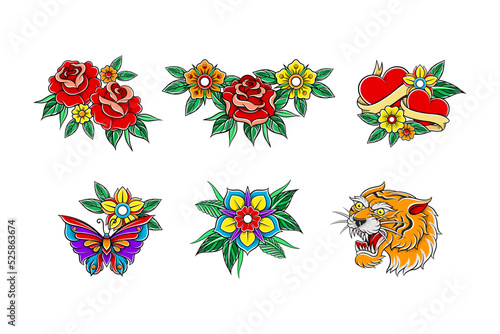 Old school tattoo set. Colorful bright vintage design tattoos with flowers, butterfly, heart, tiger hand drawn vector illustration