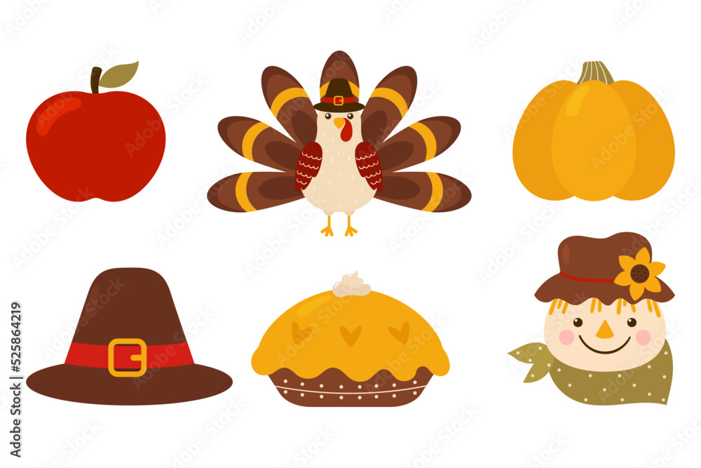 Thanksgiving day icons for seasonal autumn design. Turkey, fruit pie, pumpkin, pilgrim hat, apple and scarecrow. Thanksgiving day icons for seasonal autumn design. Turkey, fruit pie, pumpkin, pilgrim hat, apple and scarecrow.