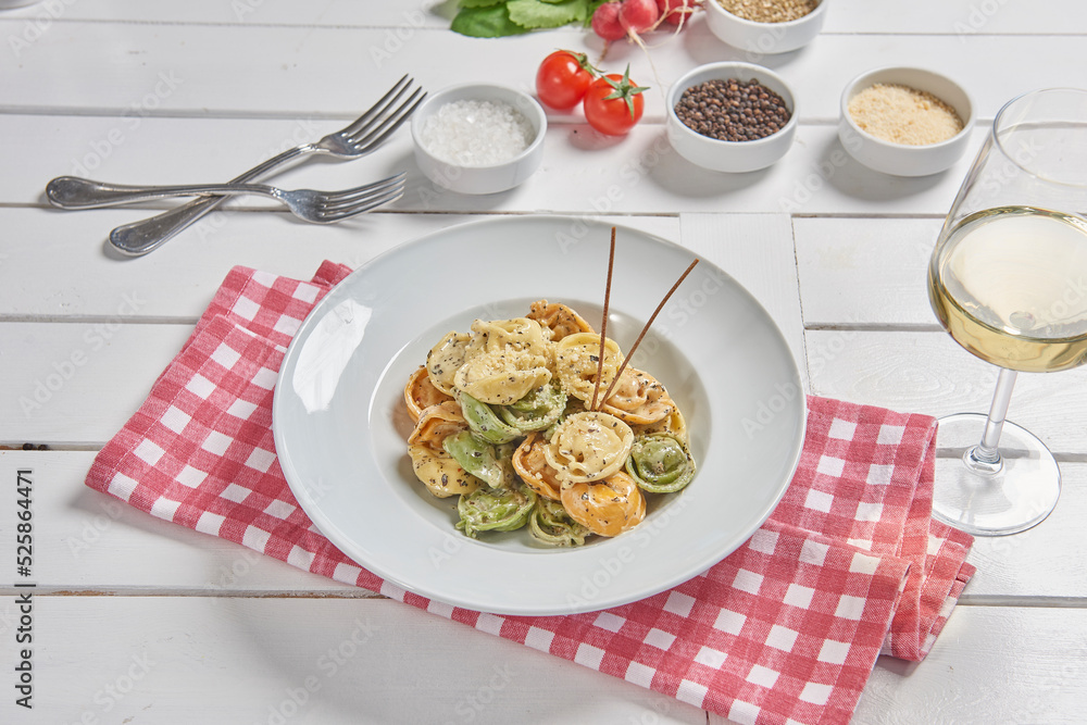 Pasta and macaroni in the plate for menu style with sauce background.