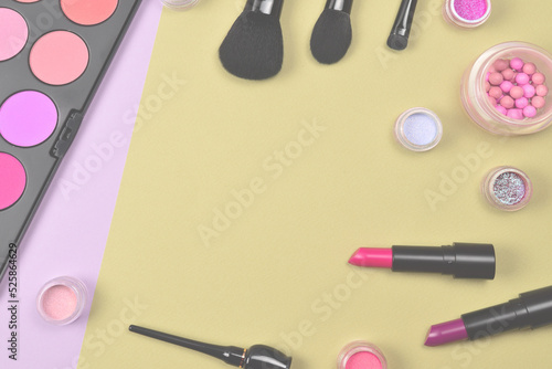 Professional makeup products with cosmetic beauty products, blushes, eye liner, eye lashes, brushes and tools.