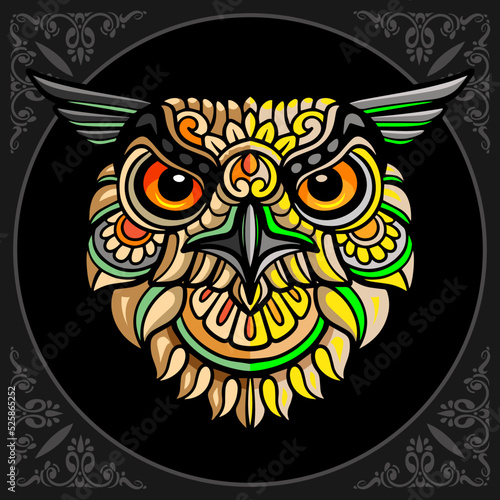 Colorful owl head zentangle arts isolated on white background