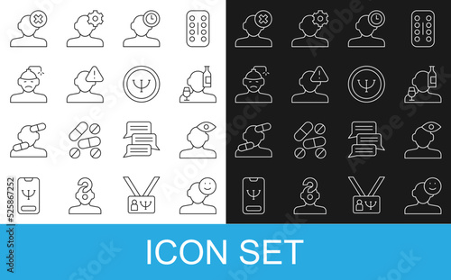 Set line Good mood, Solution problem in psychology, Alcoholism, Insomnia, Finding, Concussion, headache, and Psychology icon. Vector