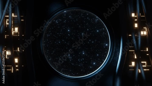 View of a round window with moving stars background  seen from inside a spaceship or sci-fi environment location with cables, light panels and moving illuminations. Looping video. 3D rendering