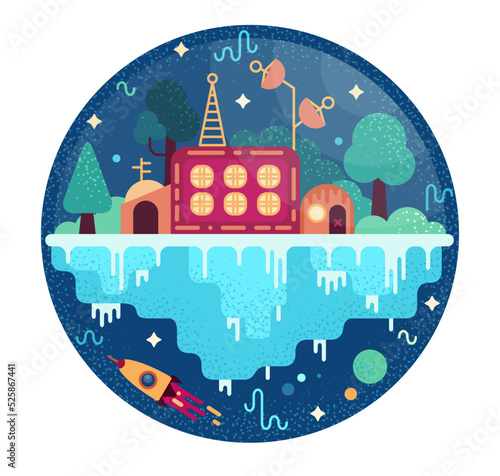 Space station with trees under a dome. Vector illustration