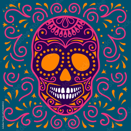 Halloween card with sugar skull. Day of the dead holiday symbols. Calavera design. Colorful concept for poster or print.