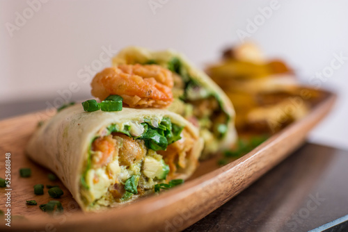 Fried Shrimp wrapped Sandwich fast food Peruvian snack food restaurant mise en place