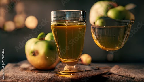 3D Illustration of Apple juice on the glass with a wooden table and apple in the background