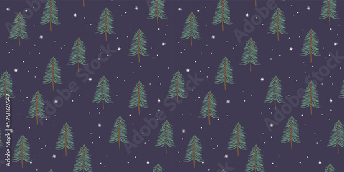 Christmas and Happy New Year seamless pattern with forest firs. New Year symbols.Trendy retro style. Vector design.