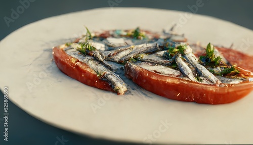 3D Illustration of Fresh Anchovies on the white plate