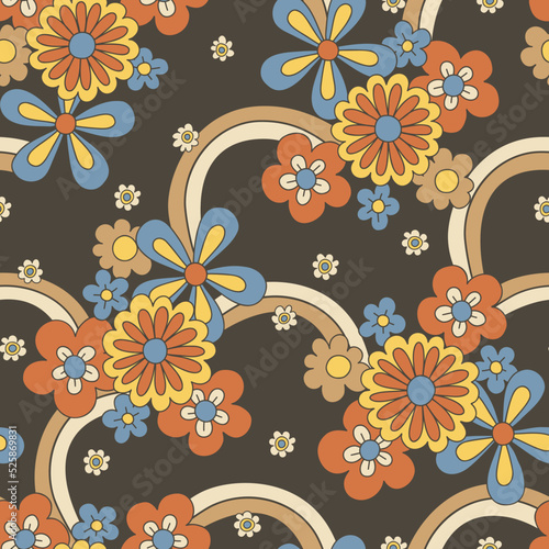 Groovy Large Scale Hand-Drawn Floral Vector Seamless Pattern. Retro 70s Style Nostalgic Daisies and Rainbows. Fashion Textile Bold Background. Summer Resort Print. Flower Power