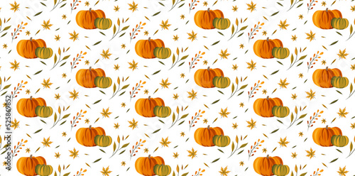 Seamless pattern on the autumn theme. Autumn harvest of pumpkins. Leaf fall.
