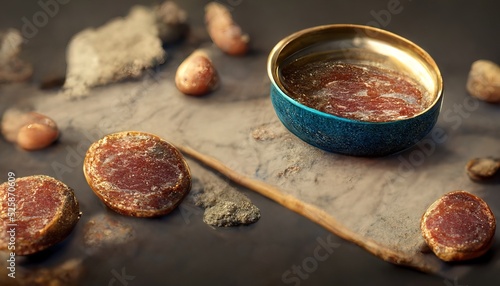 3D Illustration of Anchovy paste inside the bowl on the stone table