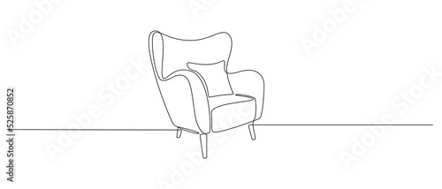 One continuous line drawing of armchair. Modern rustic furniture for living room interior in simple linear style. Editable stroke. Doodle Vector illustration