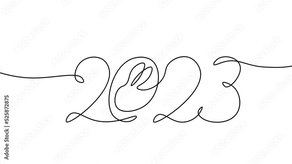 2023 New Year single continuous line art. Holiday greeting card headline decoration. Date numbers concept design. One sketch outline drawing white vector illustration 2023 New Year single continuous line art. Holiday greeting card headline decoration. Date numbers concept design. One sketch outline drawing white vector illustration