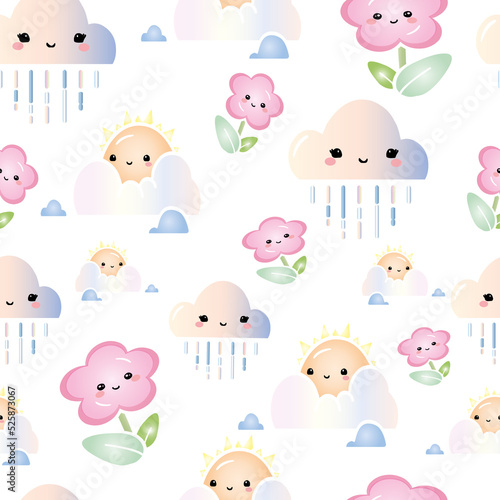 kawaii sun, rain & flowers with light background seamless pattern