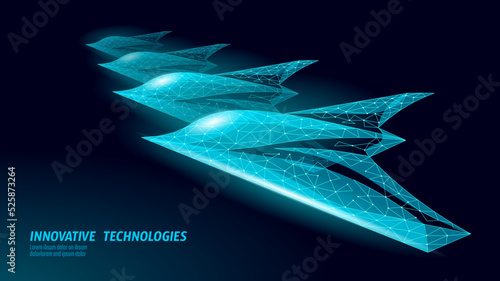 3D combat drone low poly concept. Unmanned military aerial vehicle battlefield UAV target acquisition. War drone airplane army strikes conflict vector illustration