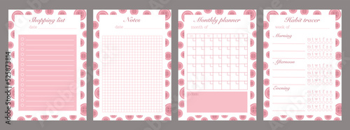 Set of planners. Template for a list of products, a habit tracker, a monthly planner and a sheet for notes. Cute and simple to-do list for printing. Color pink. Vector graphic.