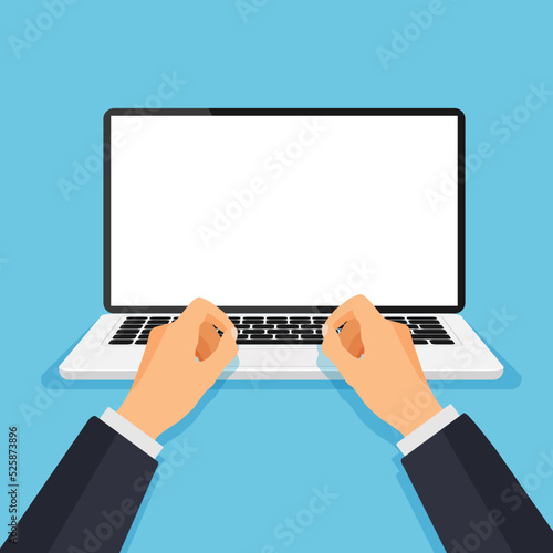 Man working at the  computer. Boy type or print on a keyboard in front of a blank white monitor. Laptop template with empty screen. Vector illustration.