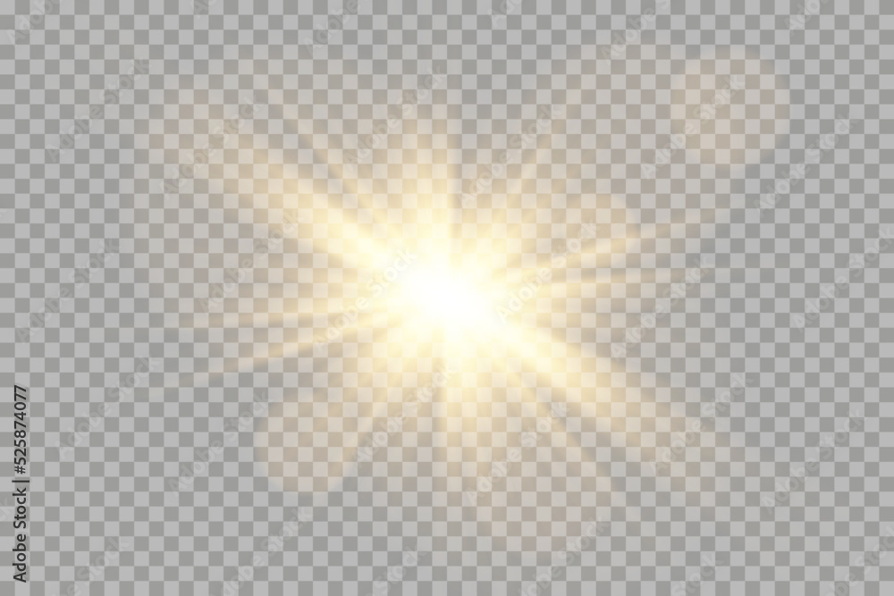 Vector golden light with glare. Sun, sun rays, dawn, glare from the sun