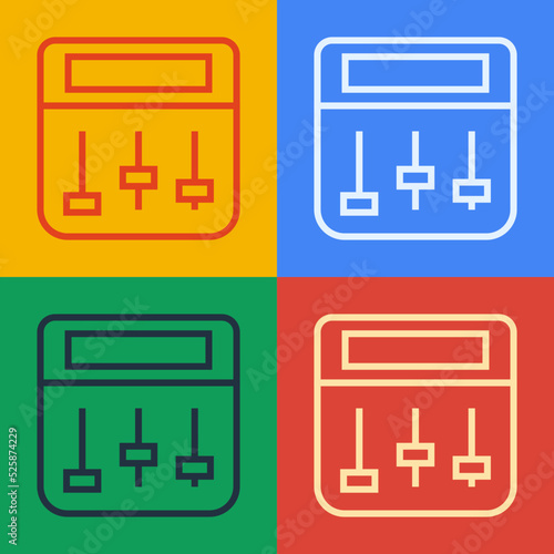 Pop art line Drum machine music producer equipment icon isolated on color background. Vector