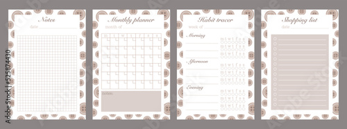 Set of planners. Template for a list of products, a habit tracker, a monthly planner and a sheet for notes. Cute and simple to-do list for printing. Color grey. Vector graphic.