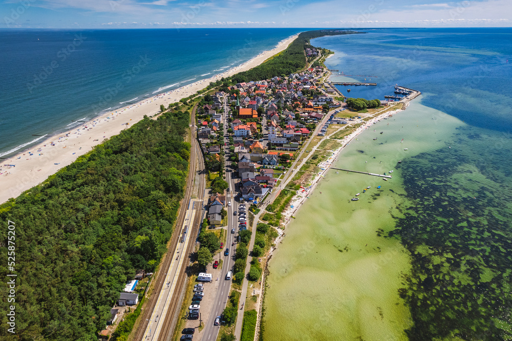 Summer view from the air of the Hel Peninsula, a calm and nice landscape over Kuznica village.