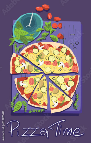 Pizza Time. Fast food pizza poster. Italian pizza. Takeaway menu. Can be poster, banner or invitation. Flat Vector Cartoon Illustration