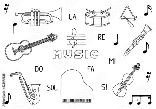 Set of musical instruments and notes with the inscription Music in the middle in doodle style. Hand Drawn. Freehand drawing. Sketch.	