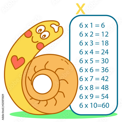 Multiplication table with fun snail, number 6. Six times table chart. Educational material. Hand drawn sketch. Vector illustration.