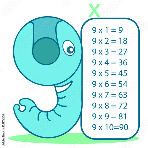 Multiplication table with elephant head, number 9. Nine times table chart. Educational material. Hand drawn sketch. Vector illustration.