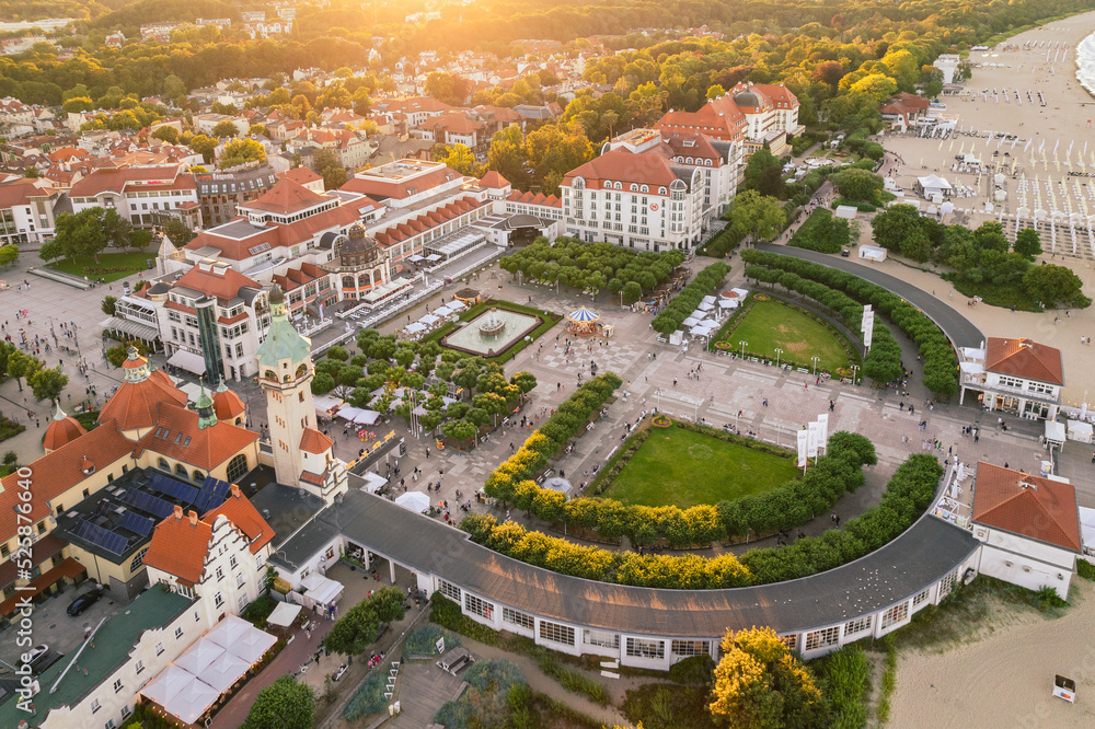 Fototapeta premium Aerial view of Sopot and the buildings of the seaside village. A warm summer afternoon creates a pleasant atmosphere in the photo.