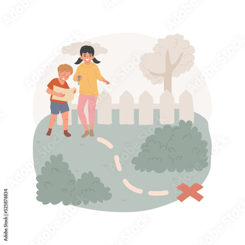Treasure hunt isolated cartoon vector illustration. Scavenger hunt for kids, family leisure time, children holding a map with clues, treasure hunting game, searching on backyard vector cartoon.