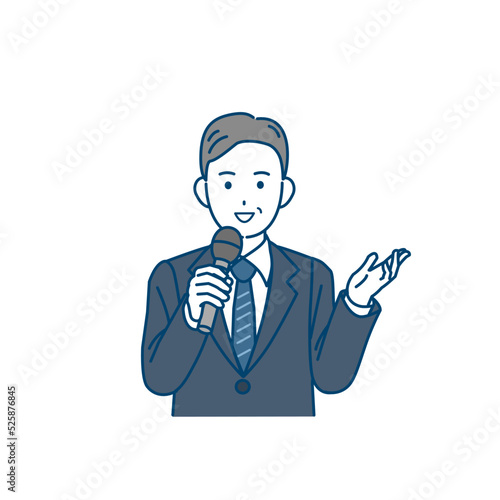 マイクを持って話す　スーツ姿の男性　中年　ミドル　　ビジネスマン　演説　講演　イラスト