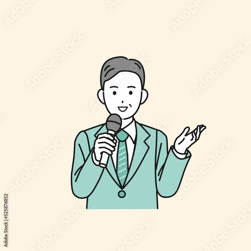 マイクを持って話す　スーツ姿の男性　中年　ミドル　　ビジネスマン　演説　講演　イラスト