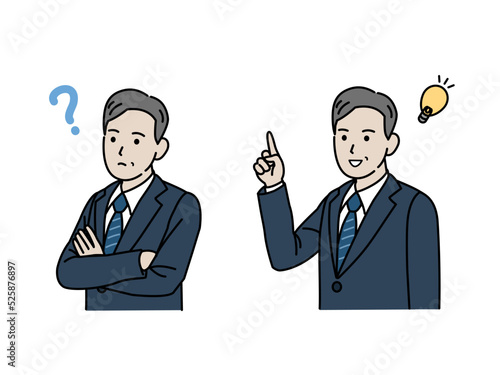 考える　閃く　スーツ姿の男性　中年　ミドル　会社員　ビジネスマン　イラスト
