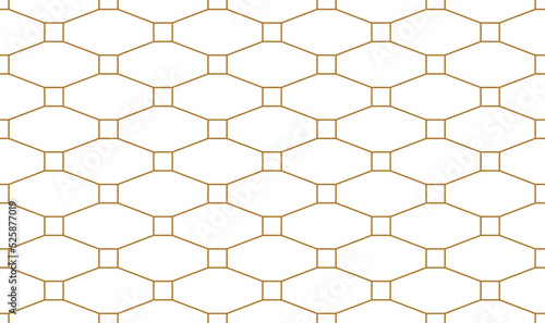 Elongated octagonal shapes connected by squares in a repeating pattern  gold color outline  geometric vector illustration