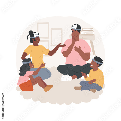 What am I isolated cartoon vector illustration. Picture guessing board game, family sitting in circle, wearing card on forehead, children and parents playing, asking what am I vector cartoon.