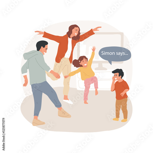 Simon says isolated cartoon vector illustration. Fun game for toddlers, family game night, adults and children standing in funny poses, Simon in front of players saying command vector cartoon. photo