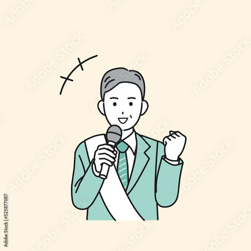 選挙活動　マイクを持って話す　スーツ姿の男性　中年　演説　イラスト