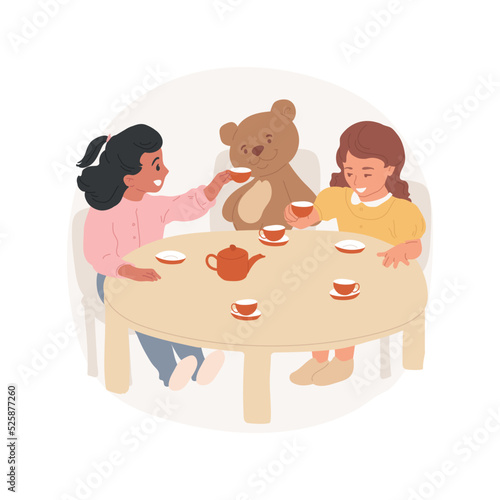 Tea party game isolated cartoon vector illustration. Girls playing in a room, teddy bear sitting at a small table, tea play set, filling cups, kids role game, party for toys vector cartoon.