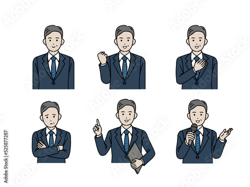 中年　ミドル　スーツ姿の男性　会社員　ビジネスマン　セット　イラスト