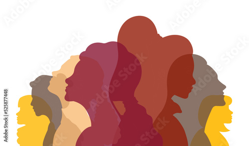 Women's unity month concept. Women's holiday on the eighth of March banner. March 8. Racial equality and anti-racism. International Women day. Sisterhood and females friendship. Vector illustration.