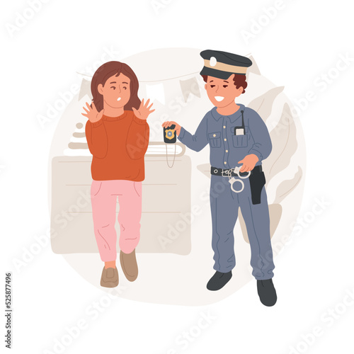 Police detective game isolated cartoon vector illustration. Children role-play, kid pretending police detective, solving crime game, kid wearing police uniform, showing a badge vector cartoon.