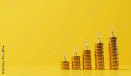 Rising energy cost concept. Light bulb on top of a stack of gold coins. 3D Rendering